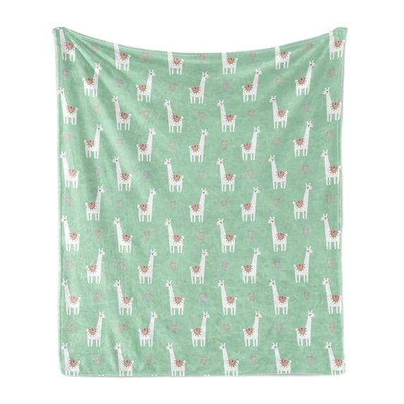 Llama Soft Flannel Fleece Throw Blanket, Candy Cane Hearts Fun Pattern on Pastel Background, Cozy Plush for Indoor and Outdoor Use, 60" x 80", Mint Green Multicolor, by Ambesonne