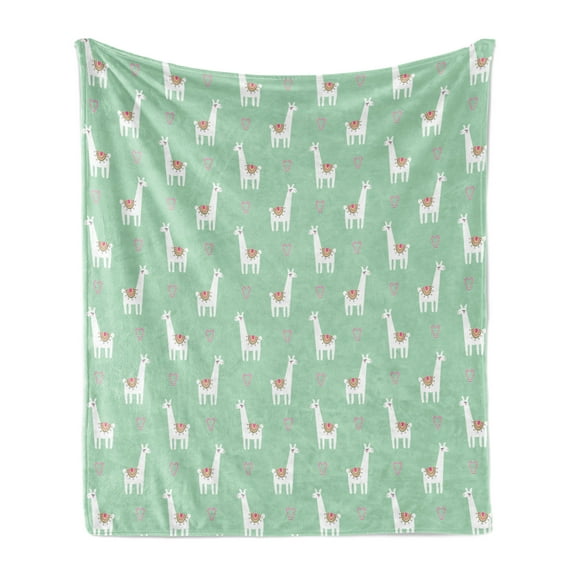 Llama Soft Flannel Fleece Throw Blanket, Candy Cane Hearts Fun Pattern on Pastel Background, Cozy Plush for Indoor and Outdoor Use, 70" x 90", Mint Green Multicolor, by Ambesonne