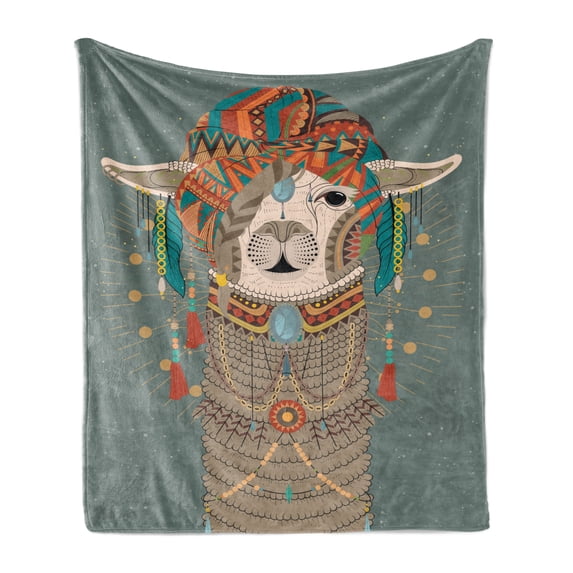 Llama Soft Flannel Fleece Throw Blanket, Colorful Headwear Wearing Accessories Earrings Necklace Abstract Animal, Cozy Plush for Indoor and Outdoor Use, 50" x 70", Multicolor, by Ambesonne