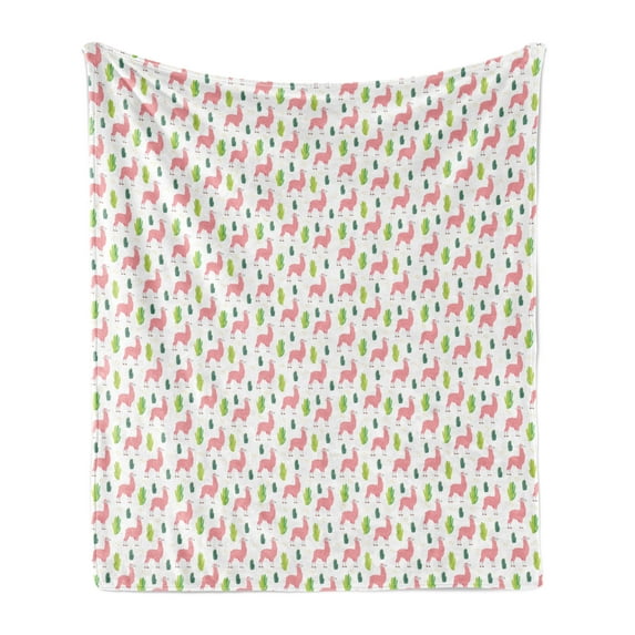 Llama Soft Flannel Fleece Throw Blanket, Desert Animals and Cactus on a Plain Background, Cozy Plush for Indoor and Outdoor Use, 50" x 60", White Pink Lime Green, by Ambesonne