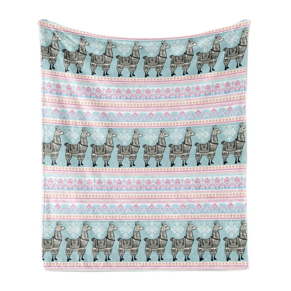 Llama Soft Flannel Fleece Throw Blanket, Horizontal Borders Patterned Alpaca Animal and Folkloric Ornaments, Cozy Plush for Indoor and Outdoor Use, 50" x 60", Multicolor, by Ambesonne