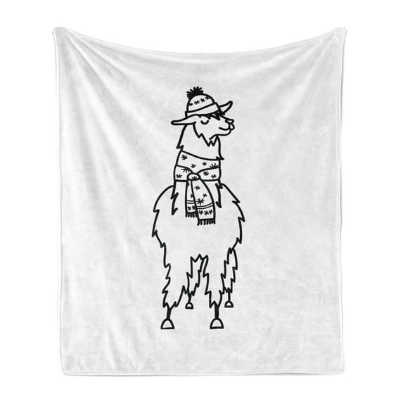 Llama Soft Flannel Fleece Throw Blanket, South American Domestic Alpaca Animal with Winter Attire Monochrome Illustration, Cozy Plush for Indoor and Outdoor Use, 50" x 60", Black White, by Ambesonne