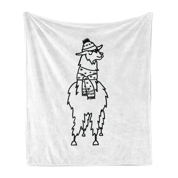 Llama Soft Flannel Fleece Throw Blanket, South American Domestic Alpaca Animal with Winter Attire Monochrome Illustration, Cozy Plush for Indoor and Outdoor Use, 50" x 70", Black White, by Ambesonne