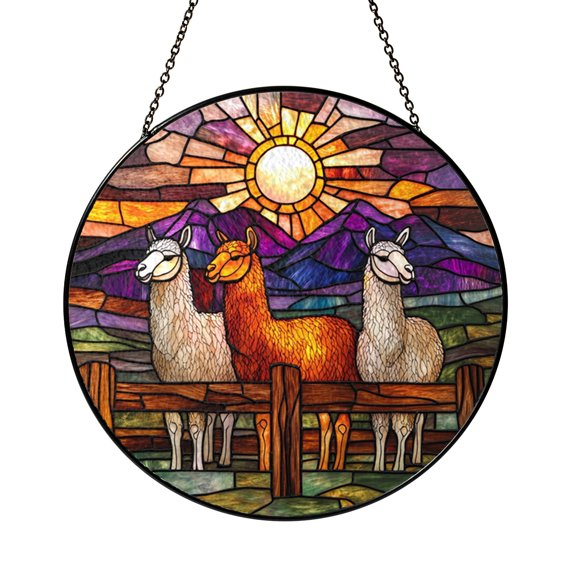 Llama Stained Glass Suncatcher with Three Alpaca Scene, Round Window Hanging, Farm Animal Decor