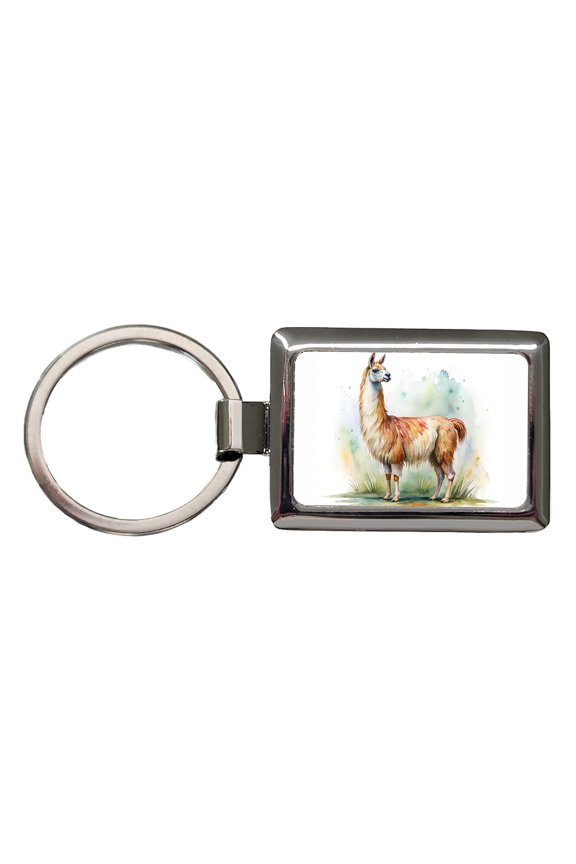 Llama Standing Watercolor Metal Rectangle Keychain