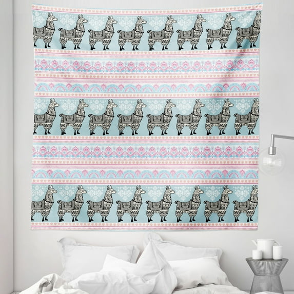 Llama Tapestry, Horizontal Borders Patterned Alpaca Animal and Folkloric Ornaments, Fabric Wall Hanging Decor for Bedroom Living Room Dorm, 5 Sizes, Multicolor, by Ambesonne