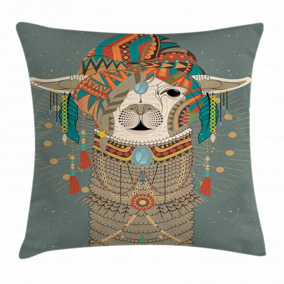 Llama Throw Pillow Cushion Cover, Colorful Headwear Wearing Llama with Accessories Earrings Necklace Abstract Animal, Decorative Square Accent Pillow Case, 16 X 16 Inches, Multicolor, by Ambesonne