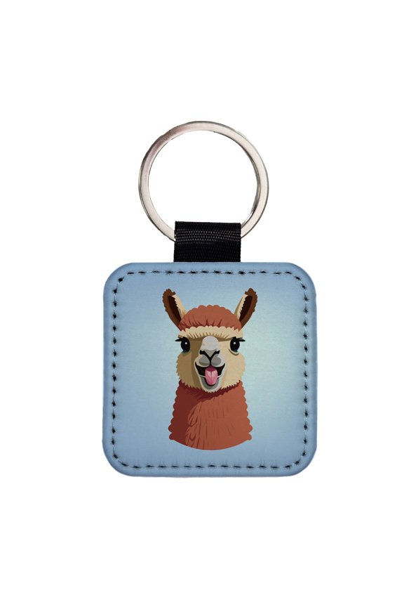 Llama Tongue Sticking Out Faux Leather Square Keychain