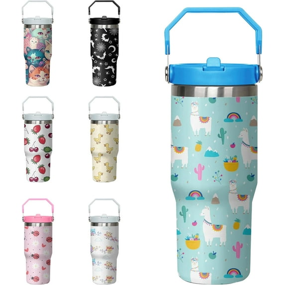 Llama Tumbler with Handle and Flip Straw for Women Men, 30oz Cute Alpaca Stainless Steel Insulated Cup, Water Bottle Travel Coffee Mug, Gifts for Animal Lovers