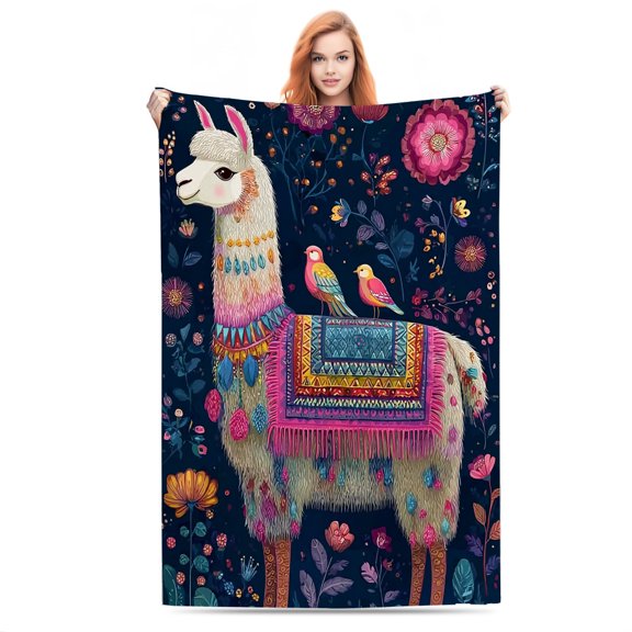 Llama in Vibrant Bloom Lightweight Flannel Printed Blanket - Ultra Soft & Warm, All-Season Cozy Plush for Couch, Bed, Office, Camping Nap - Perfect Decorative Gift