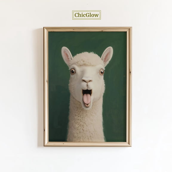 Llama Wall Art – Cute Animal Poster, Whimsical Green Background Print, Unframed Canvas Size 8x12