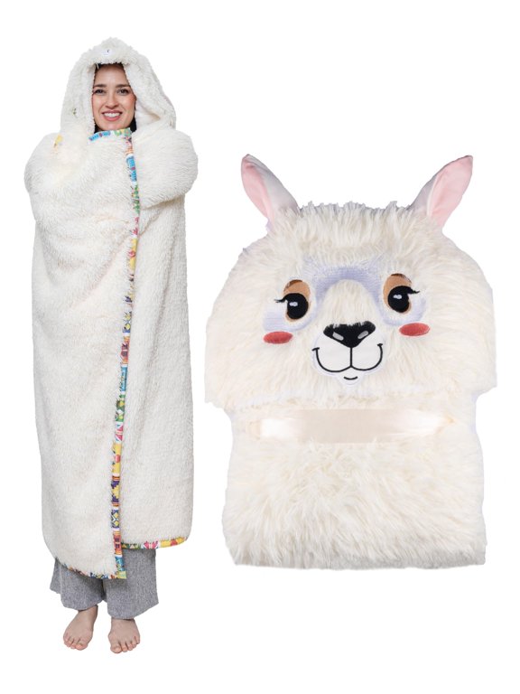 Llama Wearable Hooded Blanket – Fluffy Soft Shaggy Faux Fur - Warm and Cozy Oversized Blanket Hoodie with Hand Gloves- Sherpa and Flannel Fleece Hoodie Blanket - Llama Gifts for Women Adults and Kids