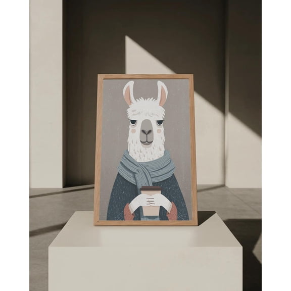 Llama With Coffee Art Print | Cozy Modern Vectorised Wall Art For Kitchen | Relaxed Boho Home Décor | Fun Animal Poster, Unframed Poster Size 24x36