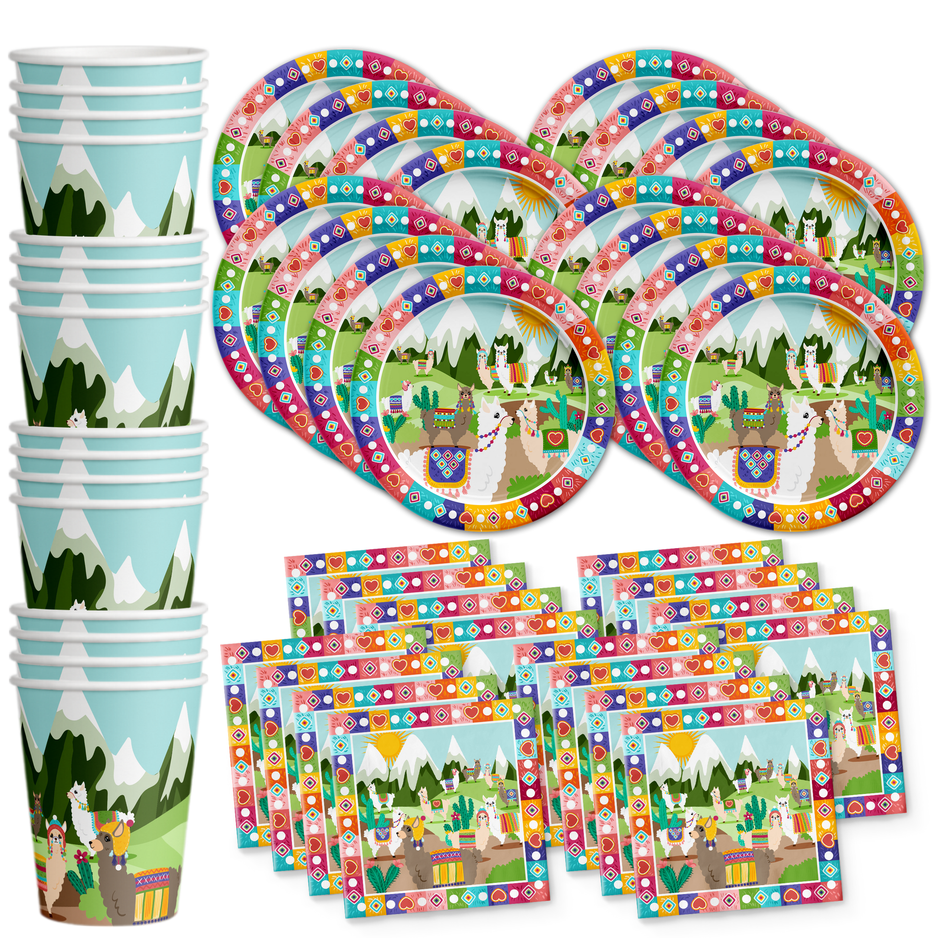 BIRTHDAY GALORE Llama and Cactus Birthday Party Supplies - Southwest Party Set Plates Napkins Cups Tableware Kit for 16