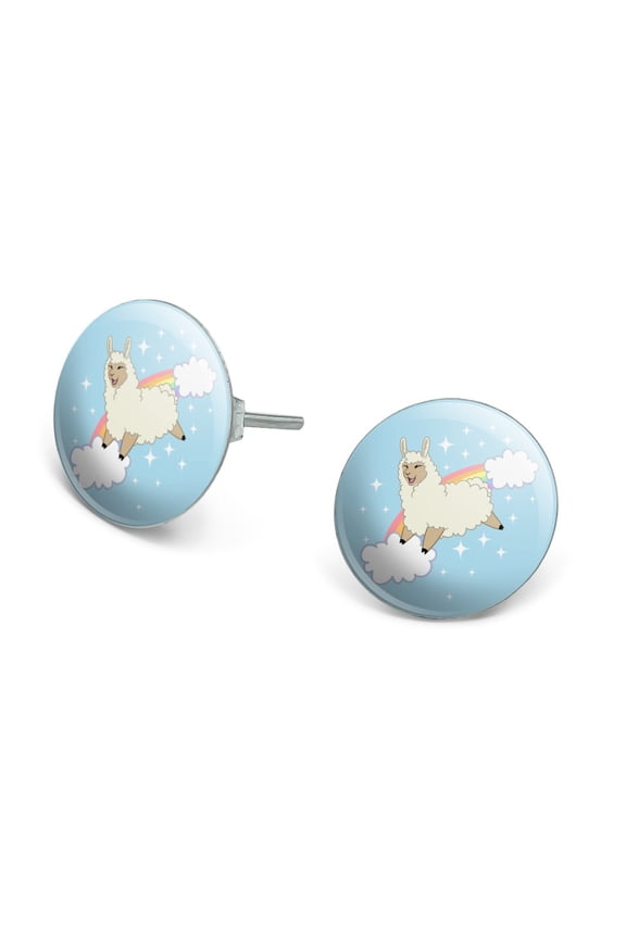 Llama on Sparkling Rainbow Novelty Silver Plated Stud Earrings