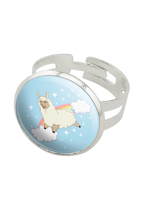 Llama on Sparkling Rainbow Silver Plated Adjustable Novelty Ring