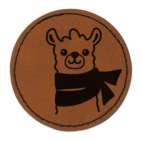 Llama with Scarf 2.5" Faux Leather Round Engraved Iron-On Patch - Brown