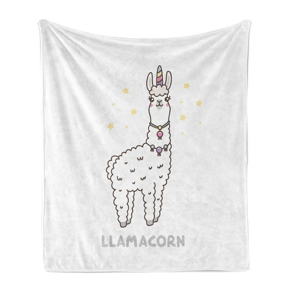 Llamacorn Soft Flannel Fleece Blanket, Fantasy World Creature Typographic Children Funny Unicorn Cartoon Style Art, Cozy Plush for Indoor and Outdoor Use, 50" x 70", White Multicolor, by Ambesonne