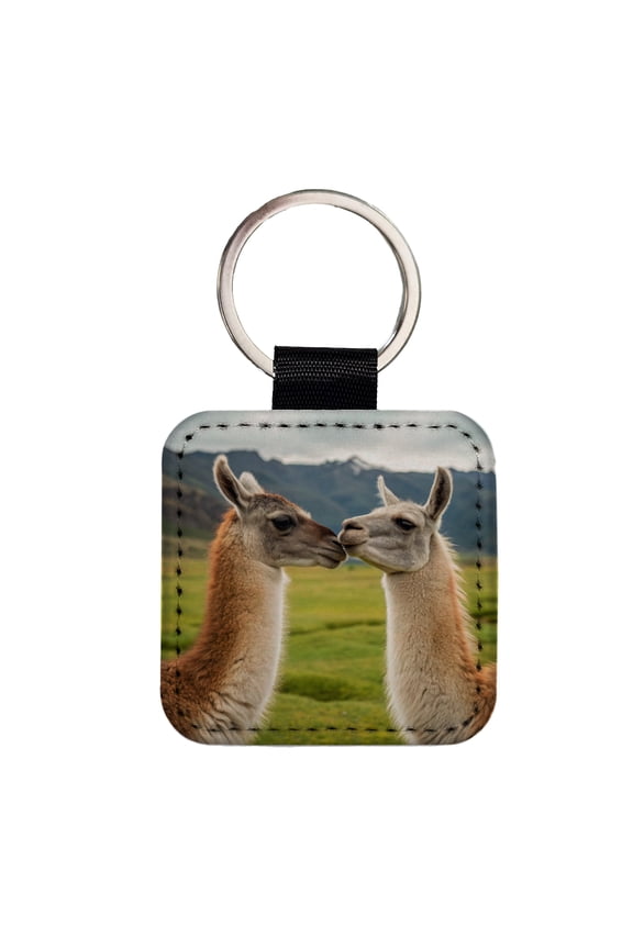 Llamas Kissing Love Faux Leather Square Keychain