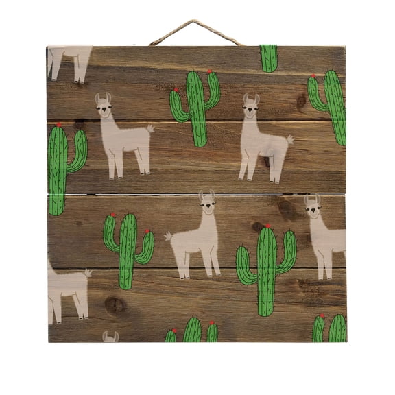 Llamas and Cacti Cactus - Decorative REAL WOOD Wall Art - Faux Pallet Look