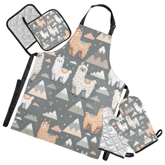 Llamas and Mountains 5 Pcs Kitchen Set Heat Resistant Oven Mitts and Non-Slip Pot Holders with Adjustable Cooking Apron