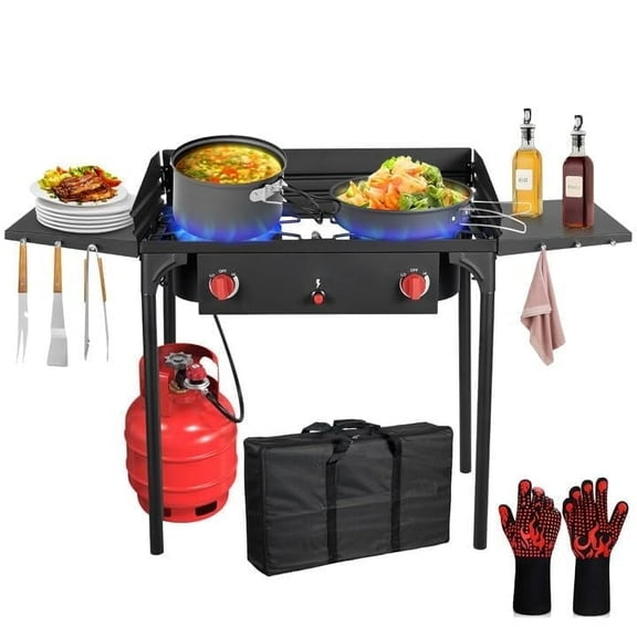 Frizi 2 Burner Gas Stove with Wind Panel - 150000 BTU, Removable Legs&Auto Ignition Button, Carrying Bag