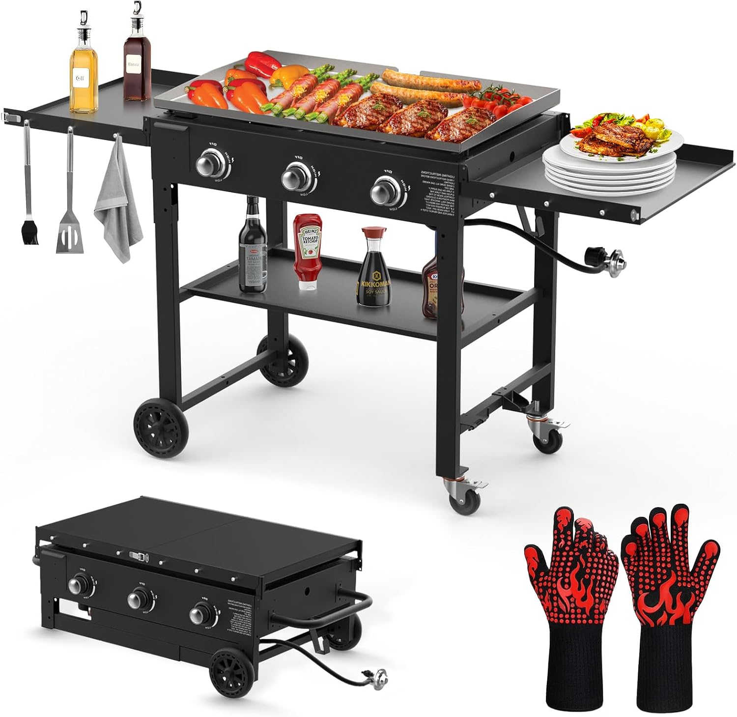 Llamaviva 3 Burner Flat Top Grill - 45,000 BTU, Portable With Foldable Shelves, Porcelain Grate