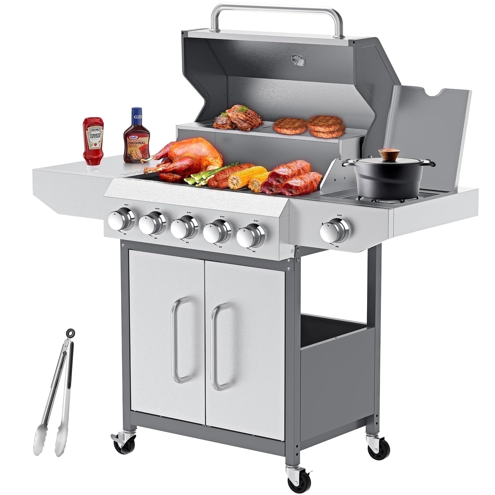 Walmart sales :  Frizi 68,000 BTU 5-Burner Propane Gas Grill with Side Burner, Stainless Steel Outdoor BBQ Grill with 647 sq.in Cooking Area, Warming Rack, and Food Clip