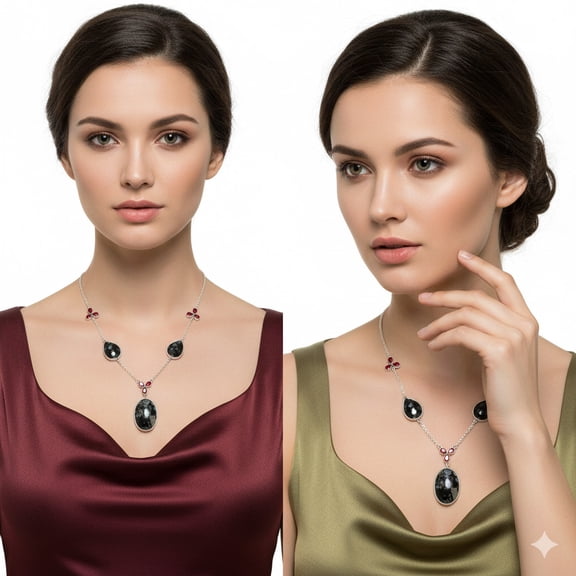 Llanite Blue Opal Crystal Sphere & Garnet 925 Silver Necklace Jewelry N-1021 SDN2056