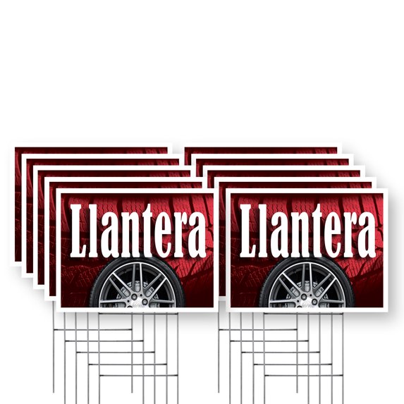 Llantera Yard Sign 10 Pack of 18 Inch x 24 Inch Single Sided Weatherproof Heavy-Duty Plastic with Stake | Spanish Tire Shop, Auto Services, Professional Display | Made in USA