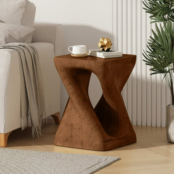 Llinc Store 16" Tall Twist Shape Side Table for Living Room Natural Design End Table, Artificial Wood-like Texture, Antique Brown