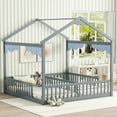thumbnail image 1 of Llinc Store 2-In-1 Floor Bed Twin House-Style Floor Bedframe with Fence, Guardrails Two Shared Beds (Gray), 1 of 7
