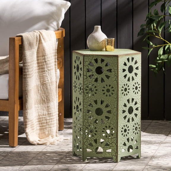Llinc Store 22" Height Hexagon Side Table with Distressed Coating and Sunburst Cut Out Design, Green