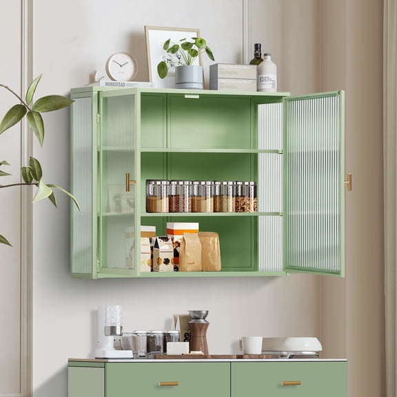 Llinc Store 27.56" Glass Doors Modern Two-door Wall Cabinet with Featuring Three-tier Storage for Entryway Living Room Bathroom Dining Room,Mint Green
