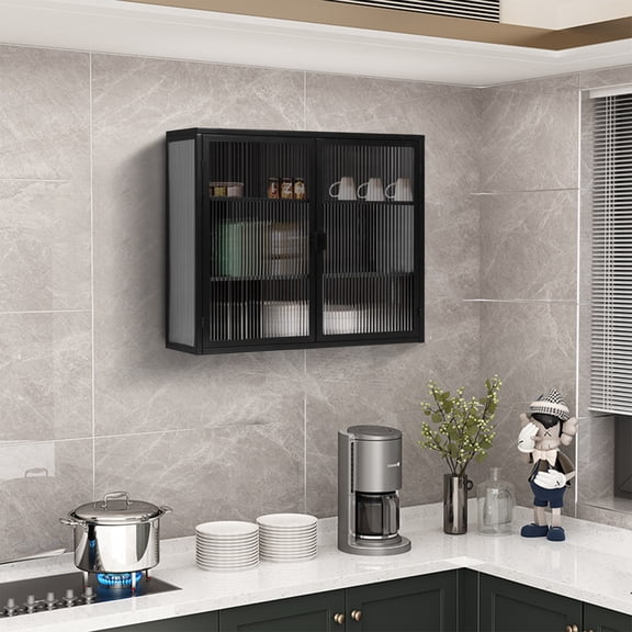 Llinc Store 27.56" Glass Doors Modern Two-door Wall Cabinet with Featuring Three-tier Storage for Entryway Living Room Bathroom Dining Room,Black