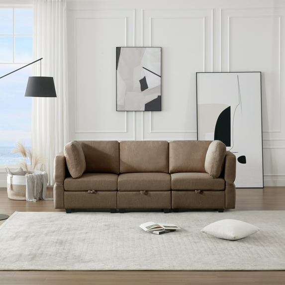 Llinc Store 3 Seater Modular Sectional Sofa with Storage Seat Oversized Couch with Reversible Chaise Sofa Set and Adjustable Arms and Backs for Living Room, Brown