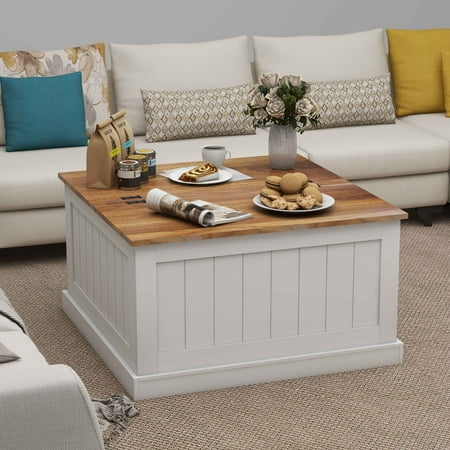 Llinc Store 31.5" Farmhouse Coffee Table, Square Wood Center Table with Hinged Lift Top, Rustic Cocktail Table with Large Hidden Storage Compartmen for Living Room-White