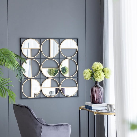 Llinc Store 35.6" x 35.6" Geometric Butted Decoration Metal Frame Beaded Black Mirror Wall Decor with Contemporary Design for Bedroom, Liveroom & Entryway