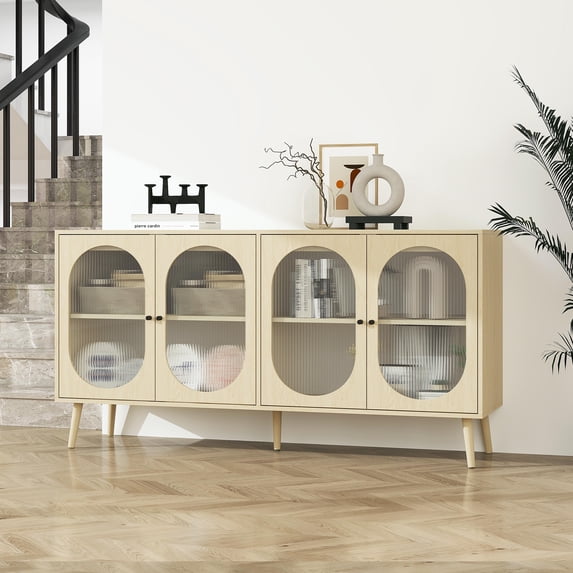 Llinc Store 4-Door Cabinet, Horizontal Sideboard Accent Cabinet, Storage Cabinet for Living Room, Hallway Entryway Kitchen, Natural Wood
