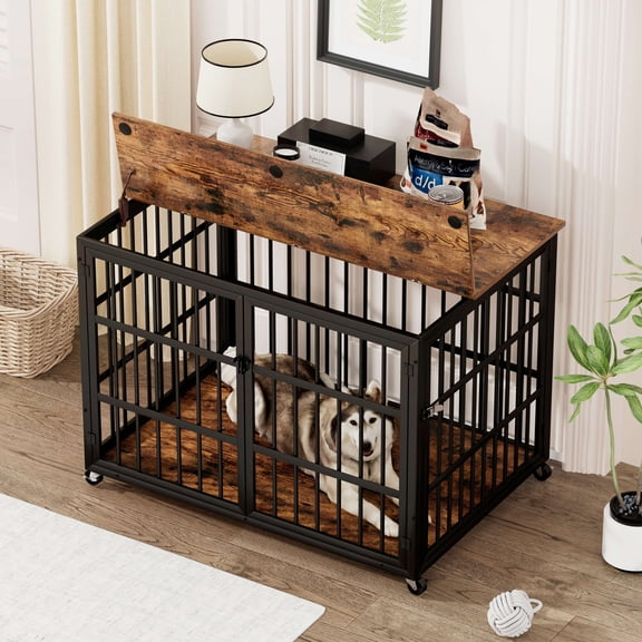 Llinc Store 43.3" W x 29.9" D x 33.5" H Dog Crate Furniture Wrought Iron Frame with Wheels, Waterproof Dog Kennel Side Table With Dog Crate For Medium And Large Dogs, Rustic Brown