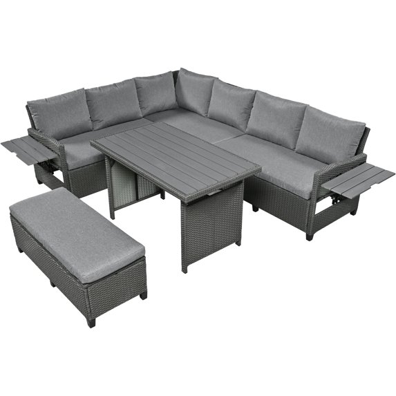 Llinc Store 5-Piece Outdoor Patio Rattan Sofa Set Sectional PE Wicker L-Shaped Garden Furniture Set with 2 Extendable Side Tables Dining Table and Washable Covers for Backyard Poolside Indoor Gray