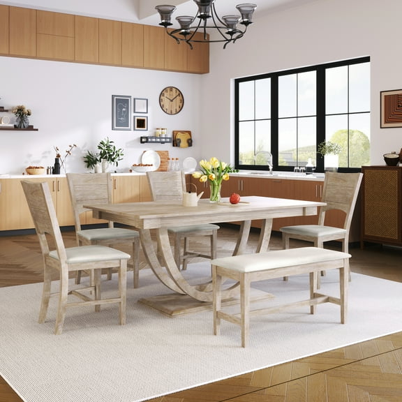 Llinc Store 6-Piece Wood Half Round Dining Table Set Kitchen Table Set with Long Bench and 4 Dining Chairs Modern Style Natural