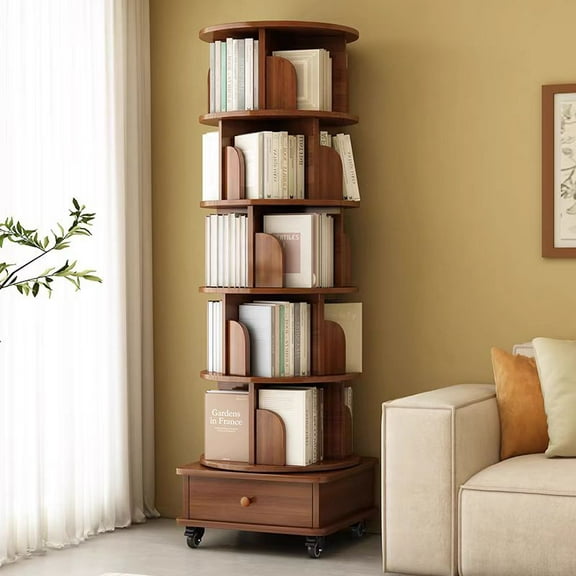 Llinc Store 6-Tier Rotating Bookshelf, Corner Bookshelves and Bookcases, Space-Saving Round Spinning Bookshelf with Wheels and Drawer, for Bedroom, Living Room, Home, Office, Walnut Brown