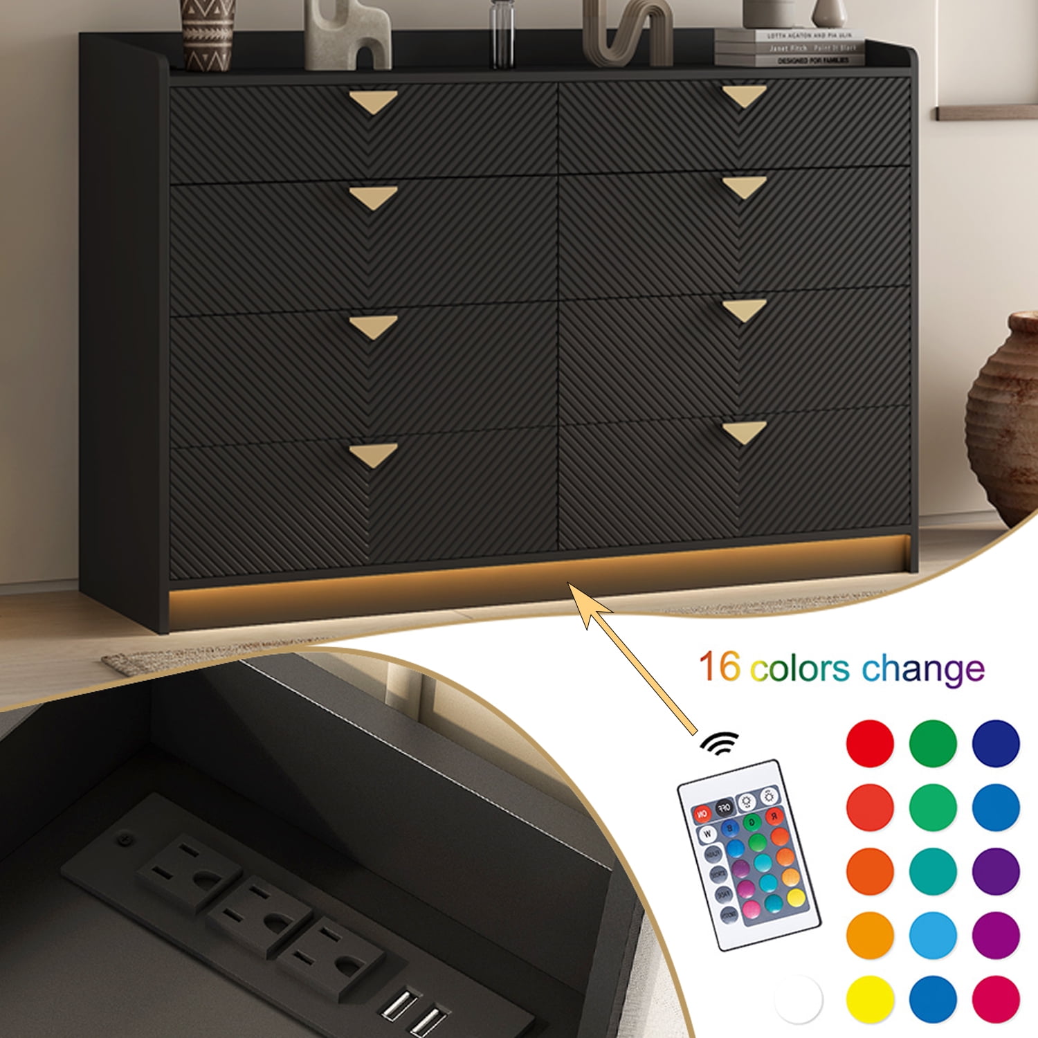 Black MDF 8-Drawer Double Dresser with Fluted Panels