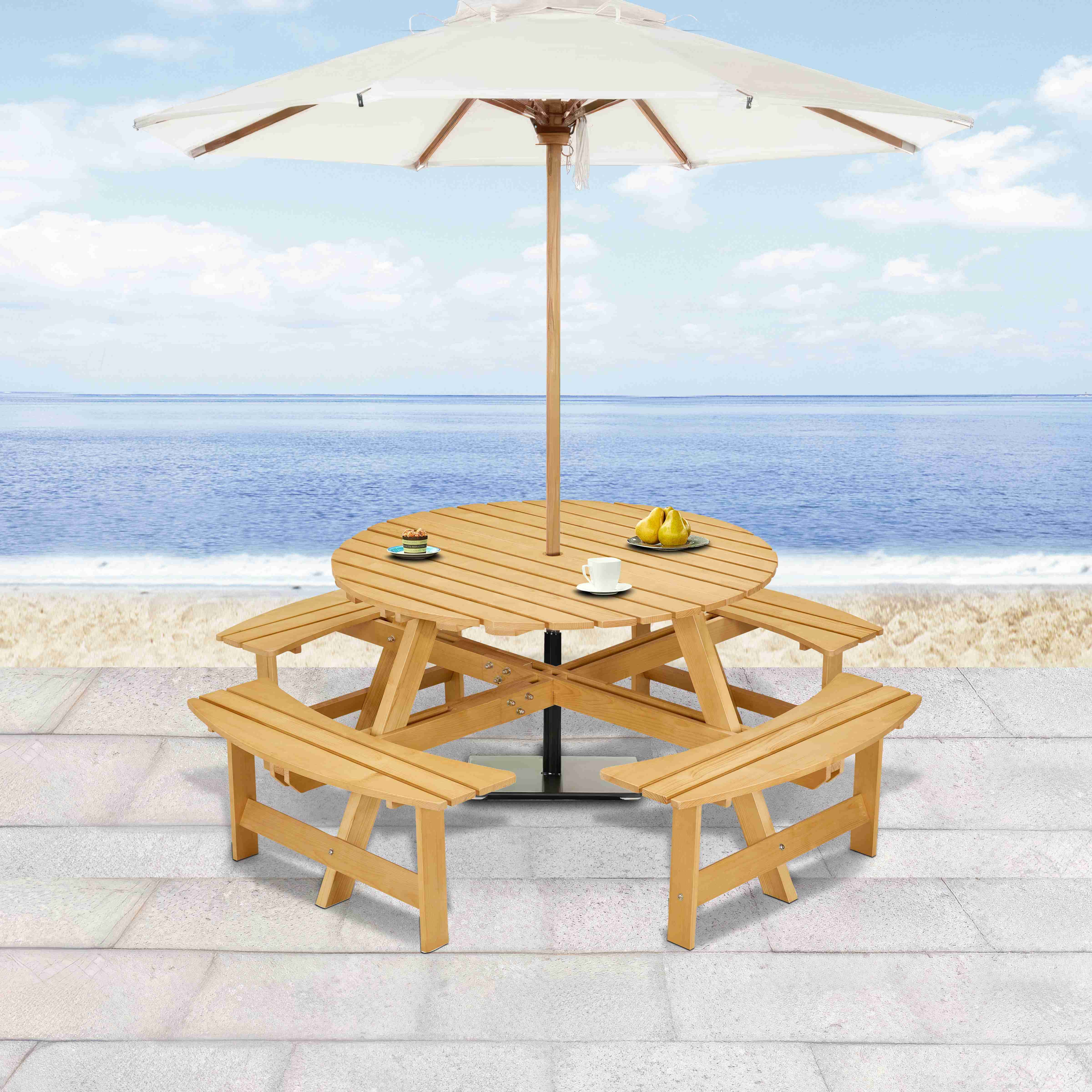 Llinc Store 8 Person Round Wooden Picnic Table with Seats, Umbrella ...