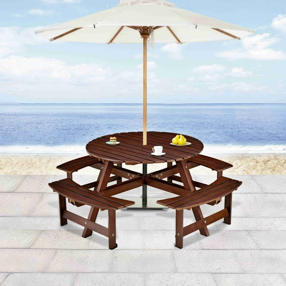 Llinc Store 8 Person Round Wooden Picnic Table with Seats, Umbrella Hole, 43.5" Diameter Kids Picnic Table Outdoor Camping Dining Table for Garden, Backyard, Porch, Patio, Brown