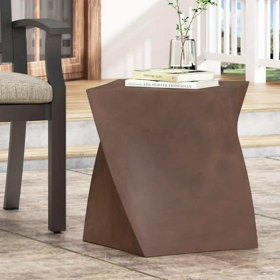 Llinc Store Abstract Twisted Design Concrete Texture Side Table, Minimalist Brown End Table for Porch, Patio