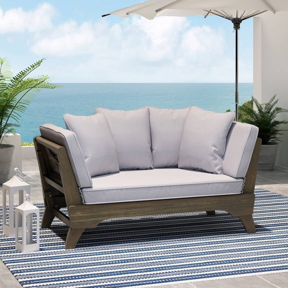 Llinc Store Adjustable Hard Wood Daybed, 82" Length Outdoor Loveseat, Summer Day Bed With Mattress Included, Gray