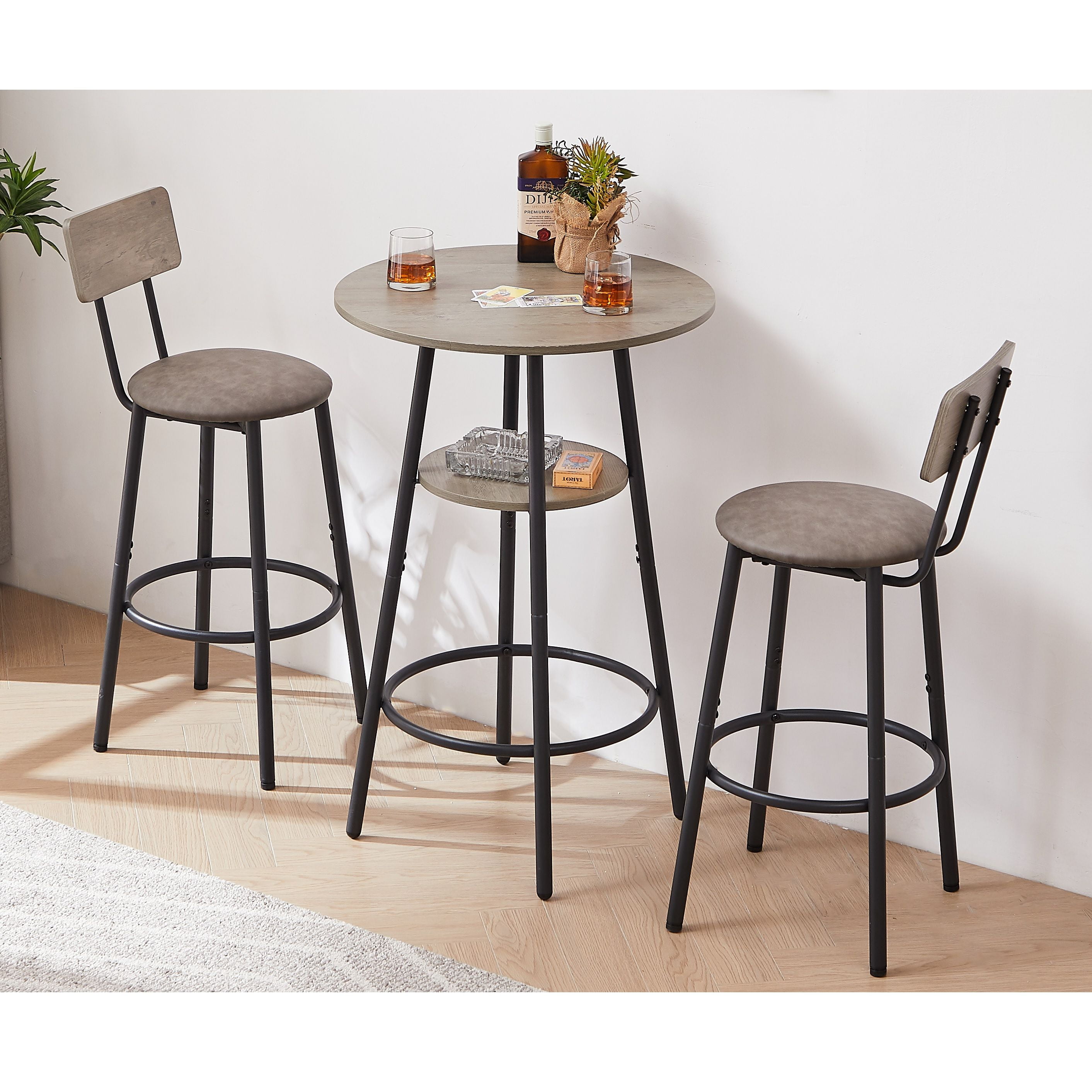 Gray Round Pub Table Set with 2 Cushioned Stools