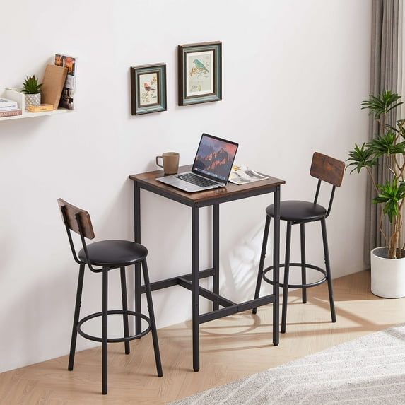 Llinc Store Bar Table Set for 2, 3 Piece Pub Table with 2 Upholstered Backrest Chairs, Counter Height Bar Table and Chairs Set with Footrest, Breakfast Table for Small Spaces, Rustic Brown